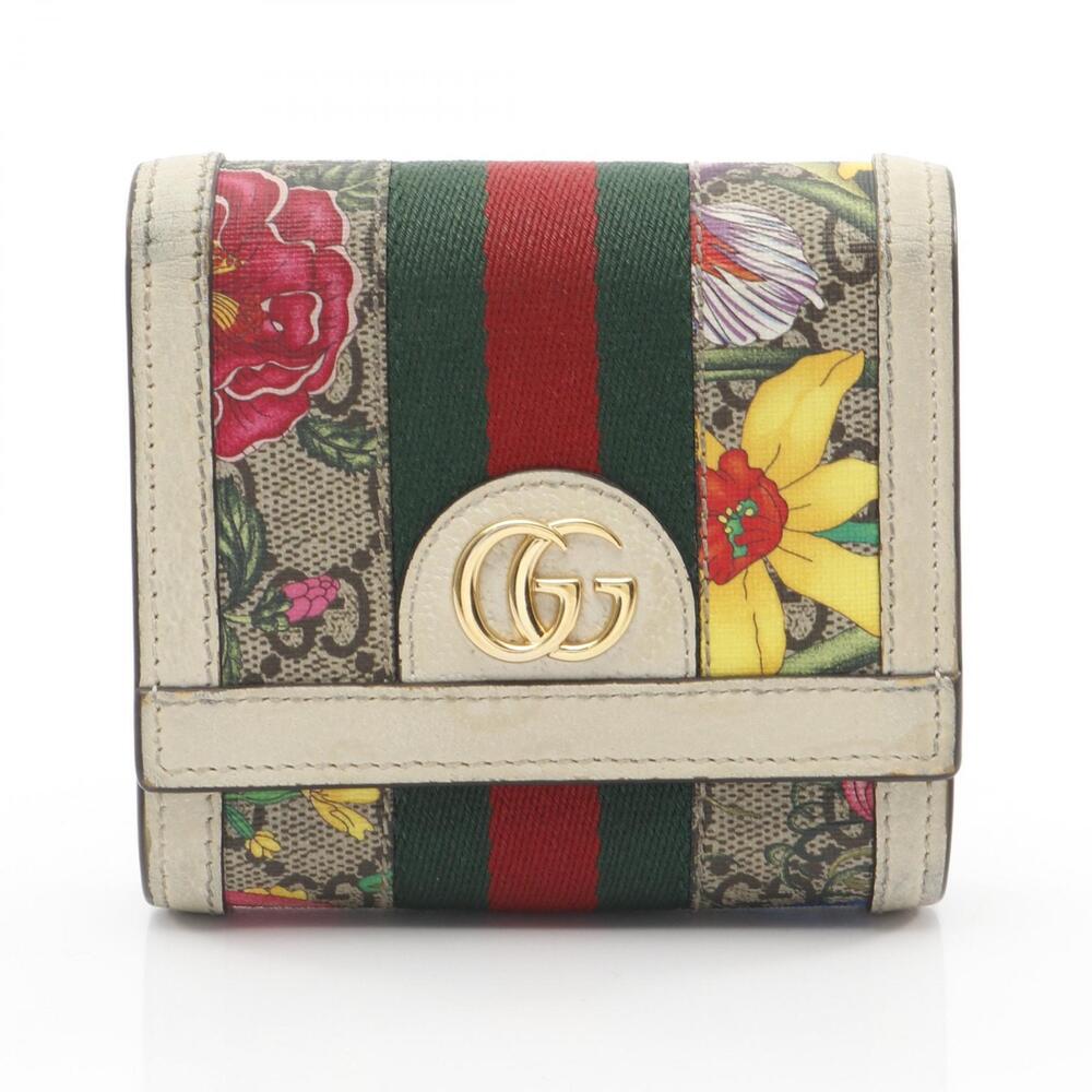 Gucci Ophidia GG Flora Flower Wallet Sherry Bifold Leather Multicolor Gold
